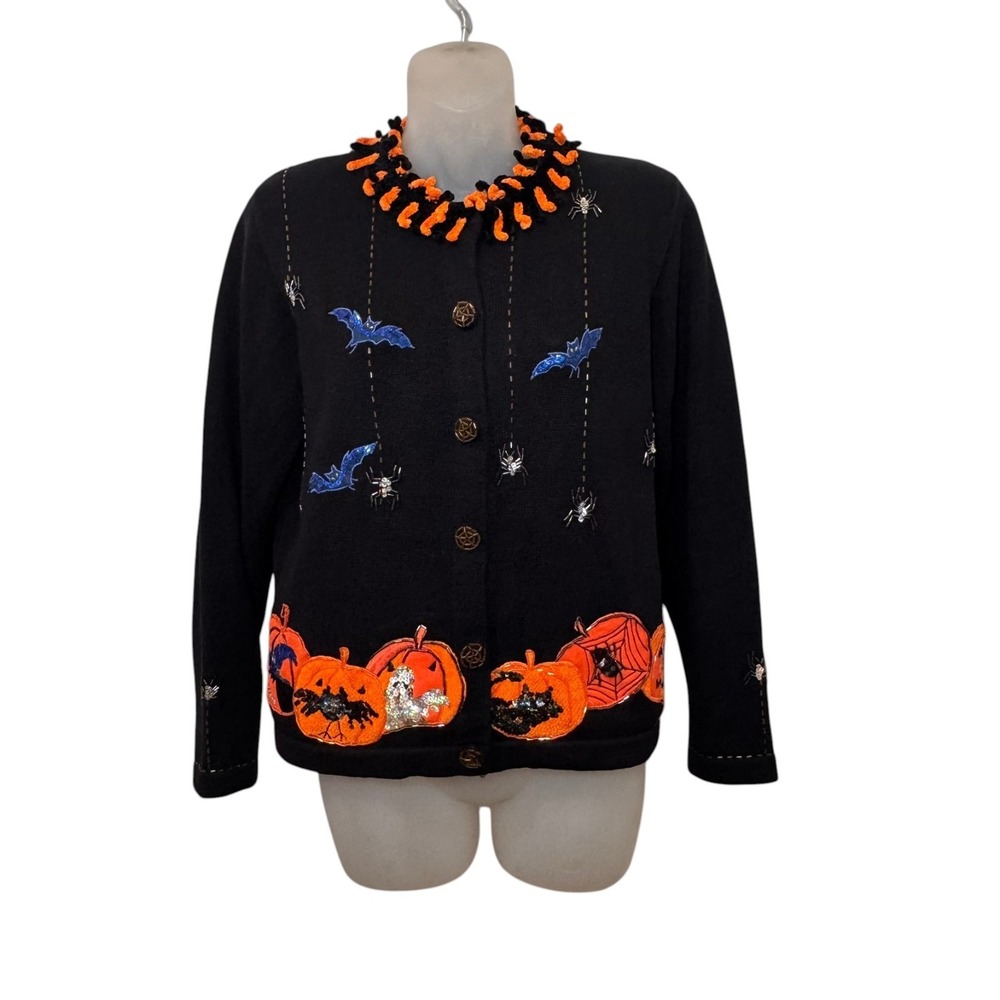 VTG Berek Beaded Halloween Cardigan Sweater Black Pumpkins Bats Spiders Sz S